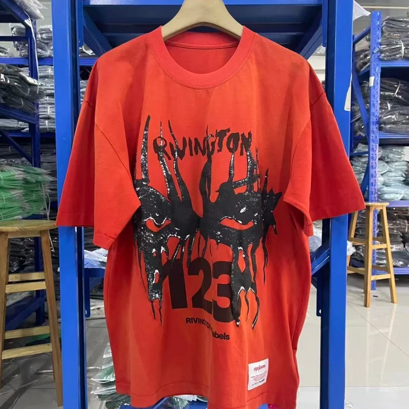 Washed Red Heavy Cotton T-Shirt Men 123 Abstract Drip Number Print Oversized Hip Hop Streetwear Tee