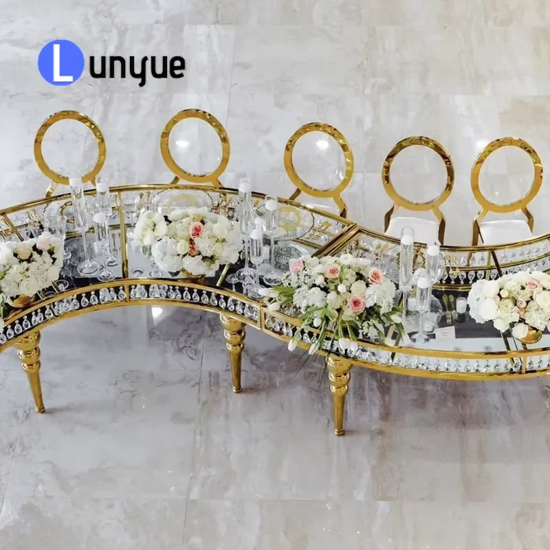 Luxury Gold Glass Round Dining Table Stainless Steel Base with Crystal Accents Serpentine Design for Wedding Party Home Decor