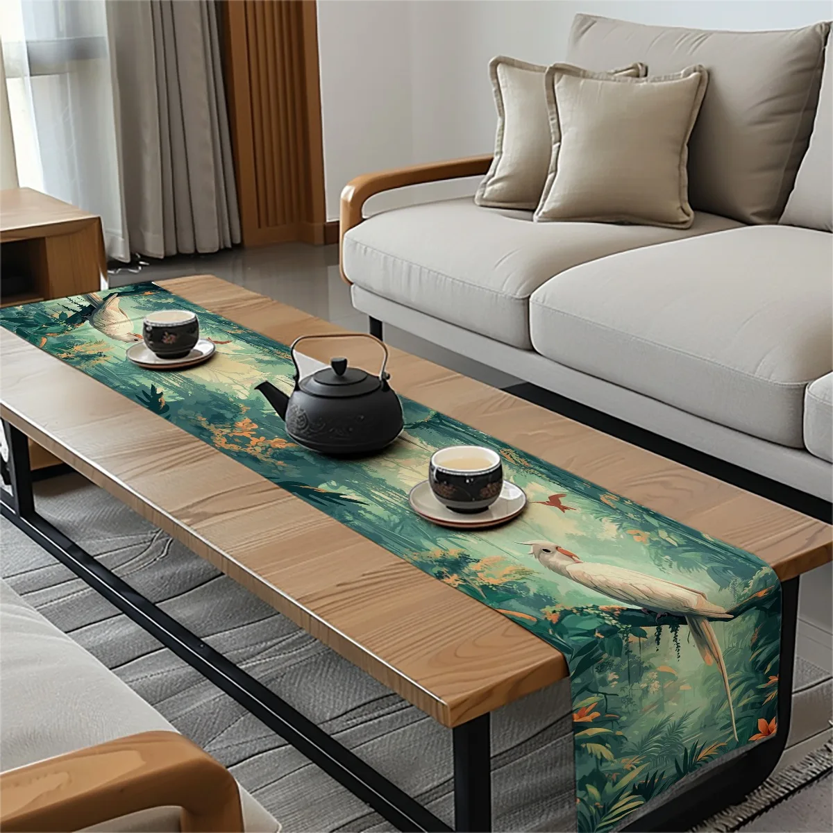 print table runner Exotic Parrot & Jungle Leaf Pattern Artistic Style Table Flag dressing table flag for Kitchen & Home, Housewa