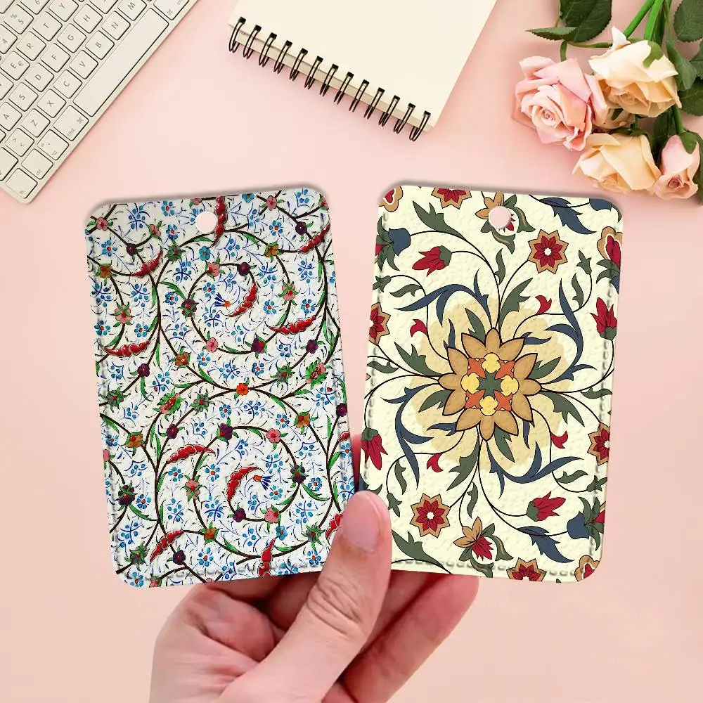 I-Iznik Tile Patterns Art Key Tag Ring Leather Card Holder Key Ring Rectangle Access Card Holder