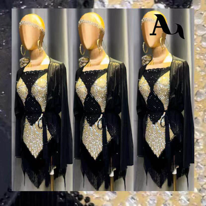 라틴 댄스 AB 스톤 여성 성인 어린이 고급 맞춤형 블랙 골드 블랙 풀 챔피언 삼바 공연 드레스