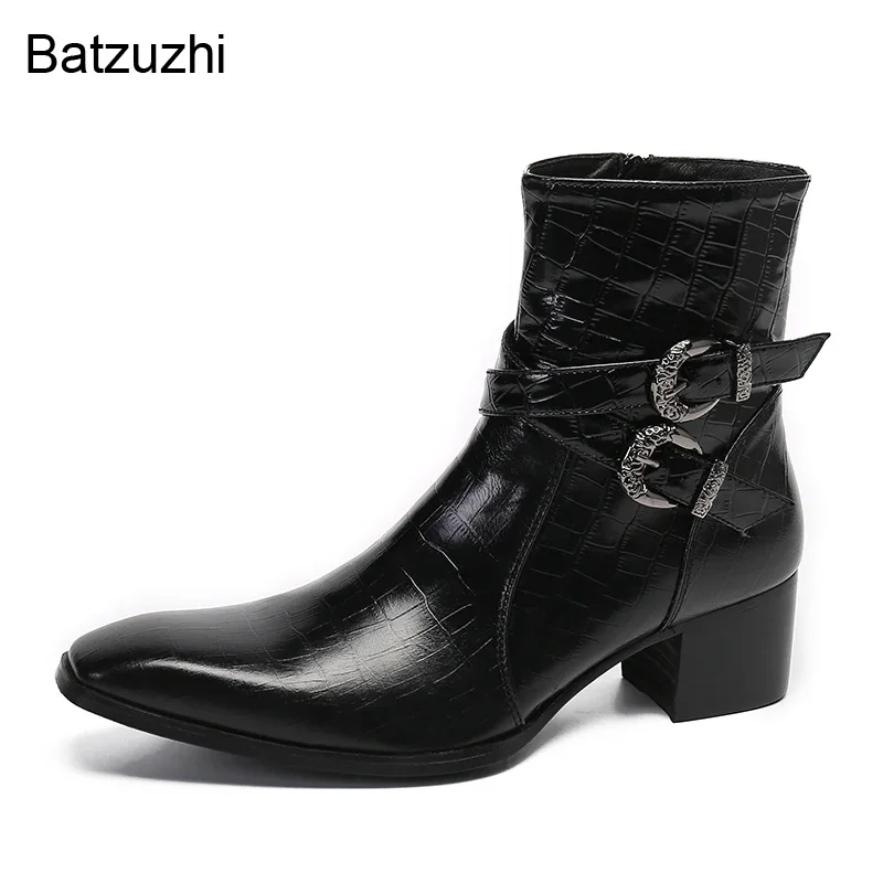 Batzuzhi Western Handmade Men's Boots Shoes Pointed Toe Black Genuine Leather Boots Men with Buckles Knight, Party Botas Hombre