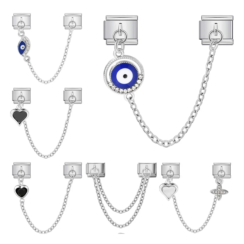 URING Silver Color Charm Pendant Chain Devil's Eye Love Heart Italian Link fit 9mm Stainless Steel Bracelet DIY Making Jewelry