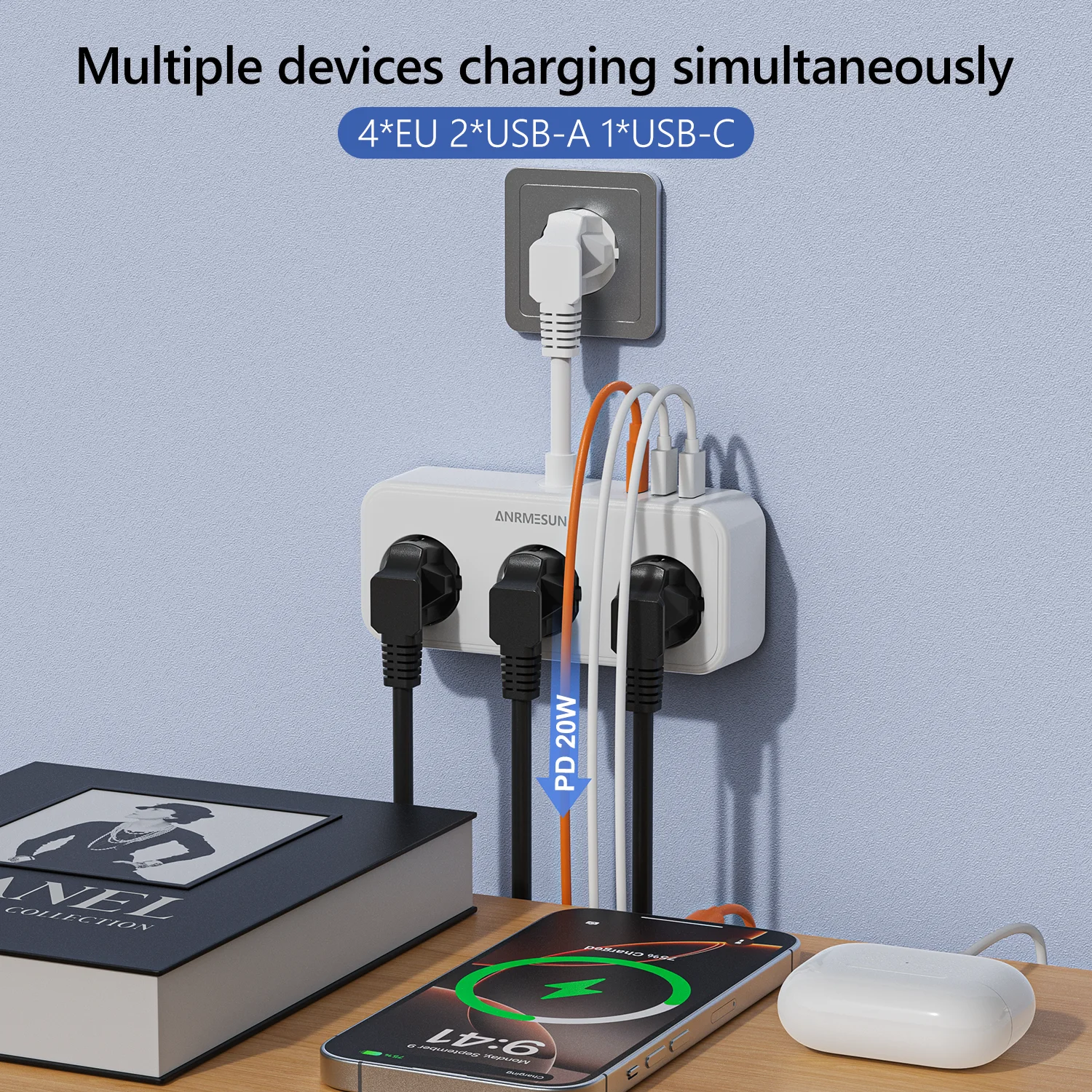 ANRMESUN Power Strip EU Plug AC Outlets Multitap Socket Extension wall plug  With USB Type C PD Fast Charging Adapter