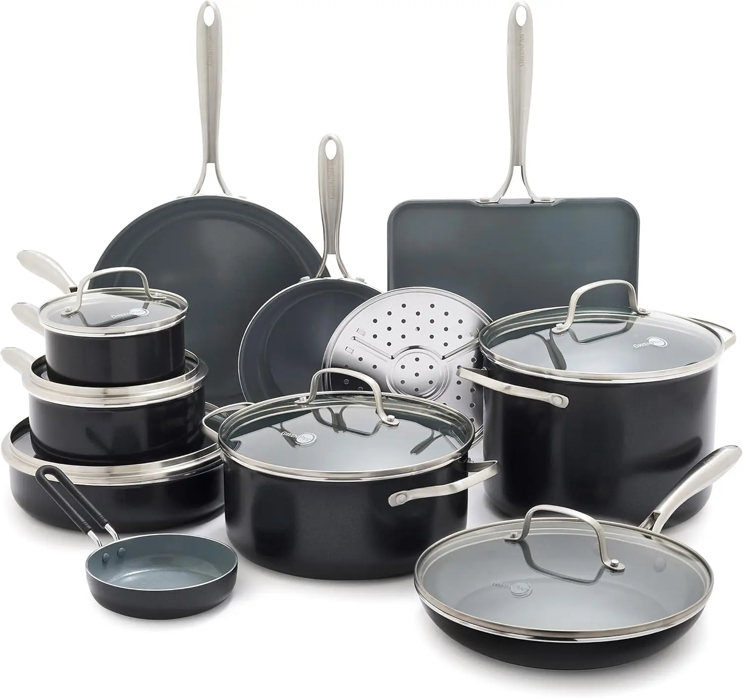 Greenpan Swift 17 Piece Cookware Set, Non-Toxic Pfas-Free Ceramic Nonstick, Stainless Steel Handles, Pots, Pans, Lids, Grill,