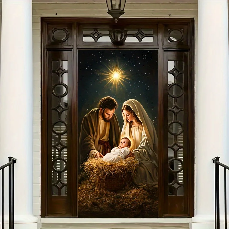 Jesus Theme Photography Background with Luminous Stars Crib Durable Door Cover Decoration New Year\'s Party Props Gift Supply