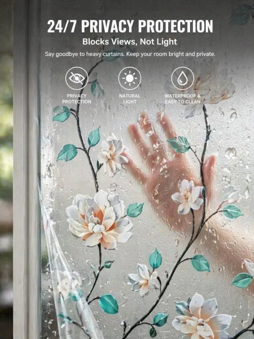 Embroidery Pattern Frosted Privacy Window Film Translucent Light Block Static Cling Removable for Bathroom Glass view 5