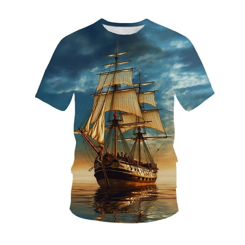 3d Print Sailing Sailboat Graphic Short Sleeve T-shirt For Men Cool Novel Design Harajuku Street Loose Trend Summer Tee Shirts