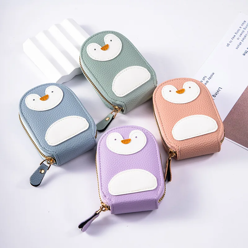 Cute Penguin Pu Leather Card Wallet Large Capacity Organizer with Multi Card Slots and ID Document Holder Women Card Bag