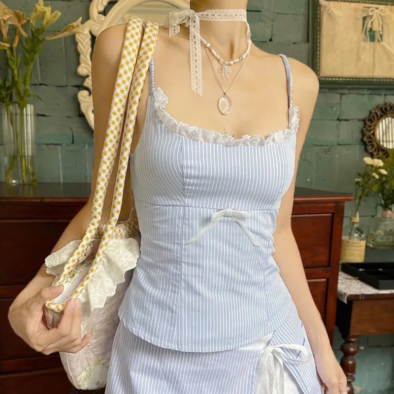 2025 New French Style Lace Trimmed Bow Waist-fitted Slim Striped Tank Top Fresh Color Blocking Versatile Outer Wear for Women's