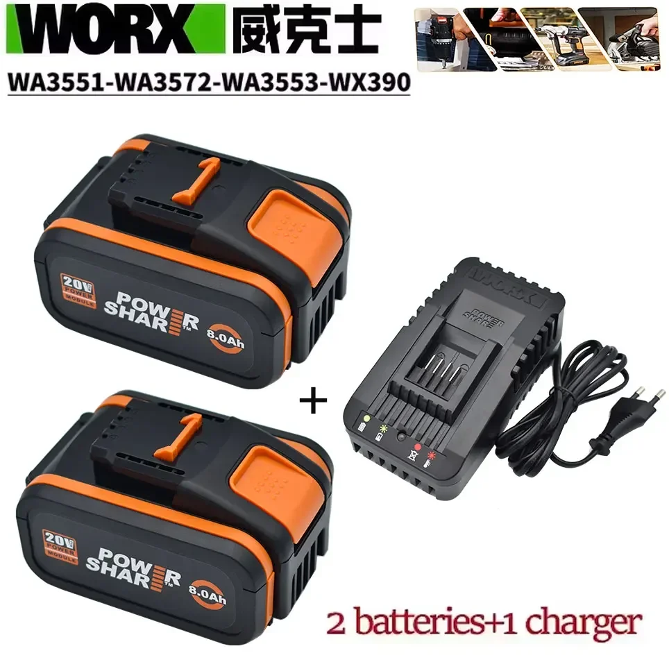 Worx Original 20V 8.0Ah Lithium battery Rechargeable WA3553 WA3551 WA3553.1 WA3570 for All WORX Electric and Garden Tools