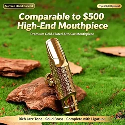 Solid Brass Gold-Plated Alto Saxophone Mouthpiece Hand Carved Tip 6/7/8 Jazz Style with Ligature for Musical Instrument