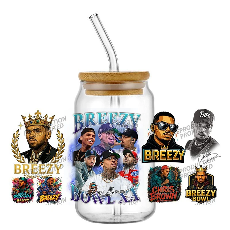 New Popular Singer Chris Brown Transfer 3D Sticker UV DTF For 16oz Libbey Glass Cup Collection Can Mug Wraps Tumbler Decals view 2