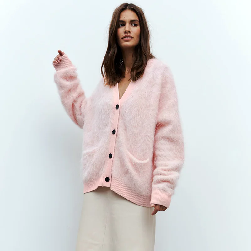 

Ticketsx Autumn Casual Loose Knitted Cardigan Solid Patchwork Plush Knit Sweaters Fashion Commuter Warm Women Sweater Cardigan