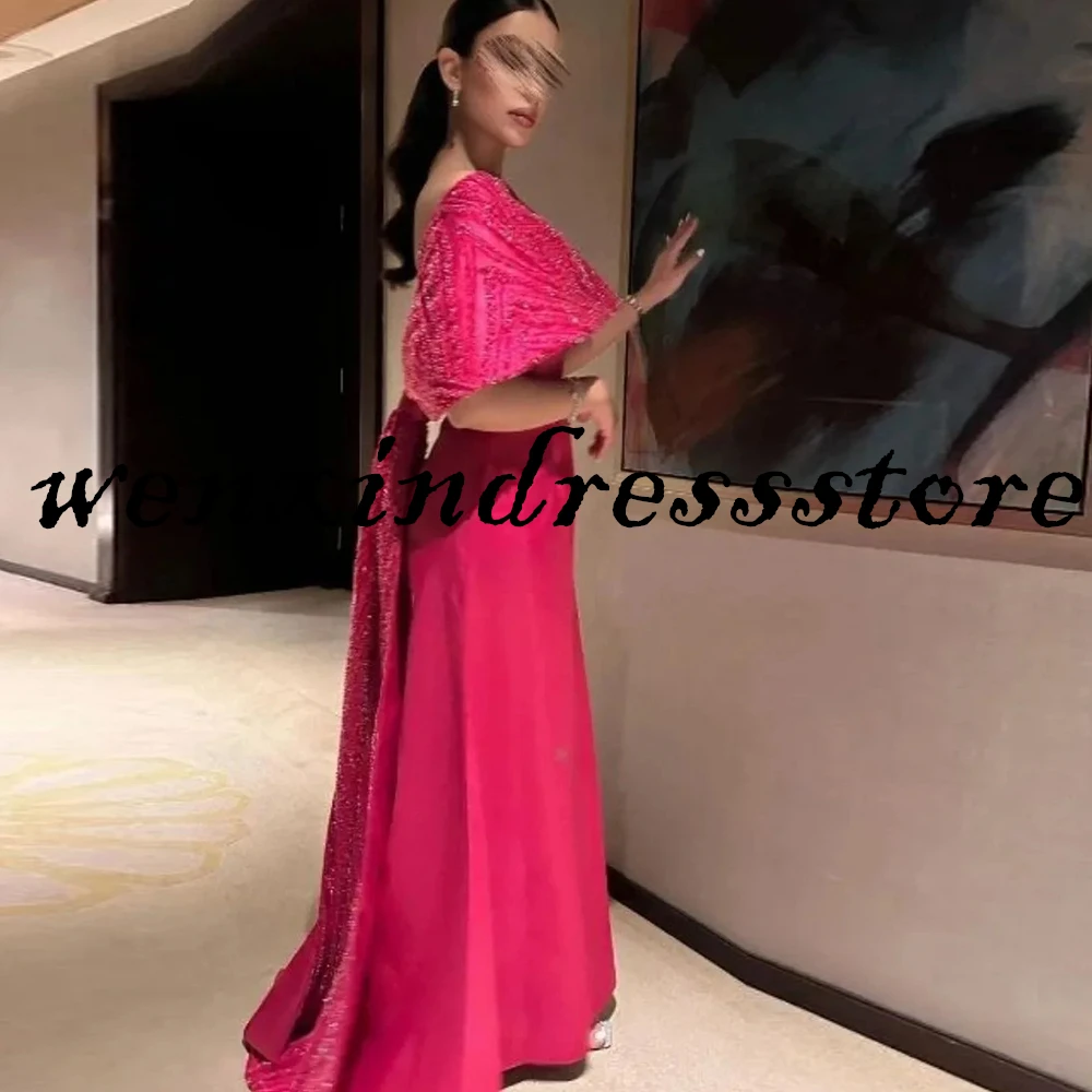 Exquisite Sheath Floor Length Boat Neck Off the Shoulder Pleats Shawl Half Sleeves Red Evening Dress Celebrity Dress Sweep Train