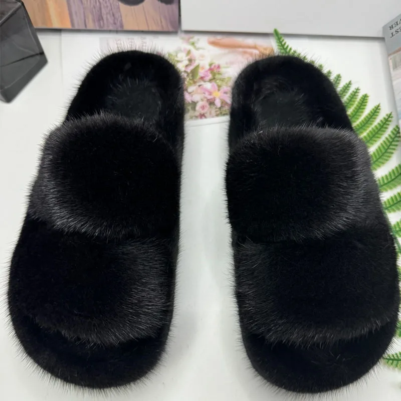

2025 New Women's Indoor Casual Fluffy Warm Plush Slippers Open Toe Plush Slippers Non-slip Rubber Sole Pure Mink Hair