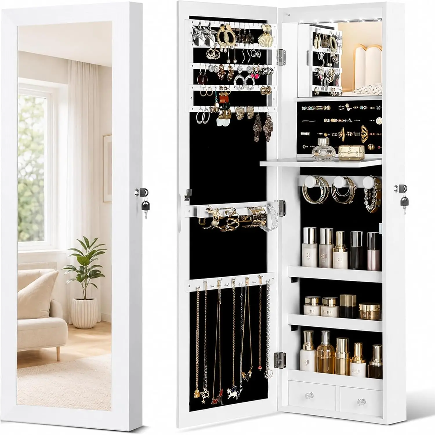 Over the Door Jewelry Organizer, Hanging Mirror with Storage Box, Wall/Door Mounted Full Length Mirror with LED