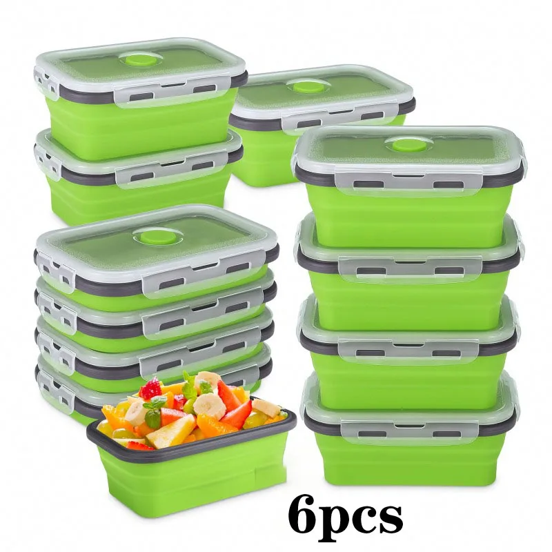 

6pcs Collapsible Silicone Food Storage Container Stackable Space Saving Lunch Box Microwaveable Foldable Kitchen Accessories