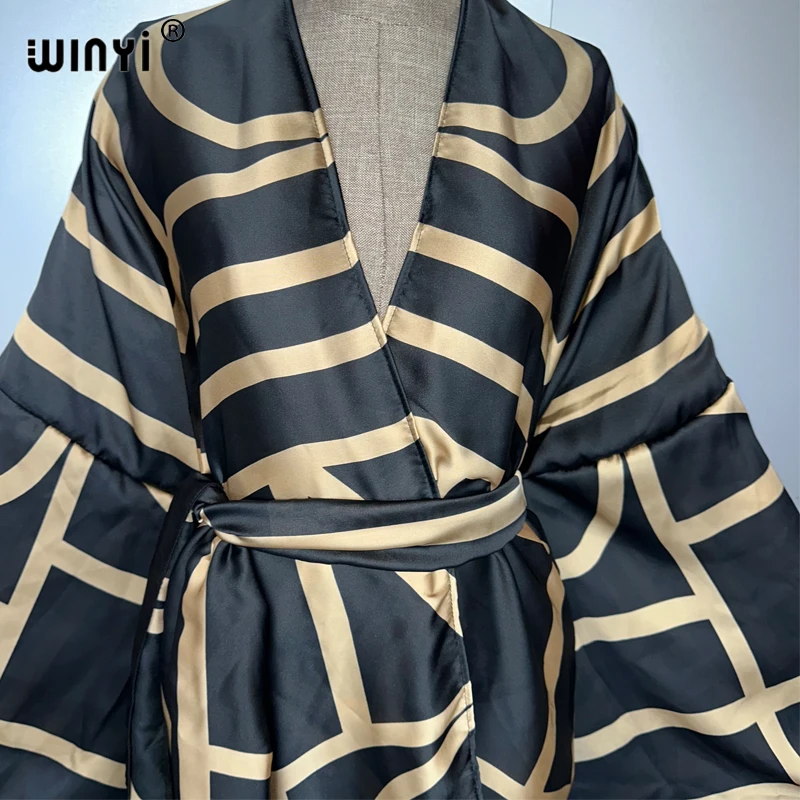 WINYI print kimono beach outfits women Swim Suit Cover up boho Cardigan stitch Self Belt Holiday long Sleeve coat holiday kaftan
