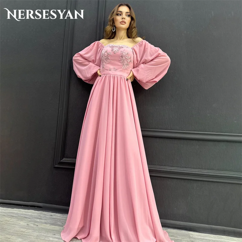 Nersesyan-فساتين سهرة وردية رسمية ، بدون أكتاف ، أكمام طويلة ، فساتين حفلات مطرزة ، فستان حفلة موسيقية بطول الأرض ، 2023