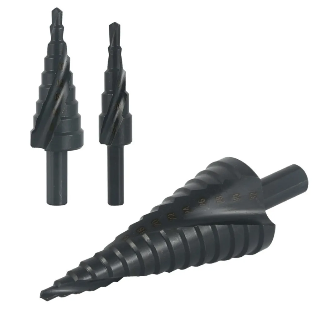 Krachtige Triangular Handle Spiral Step Drill 4-12mm 4-20mm 4-32mm Multifunctional Black Pagoda Drill Bit Drilling Tools 1/3Pcs