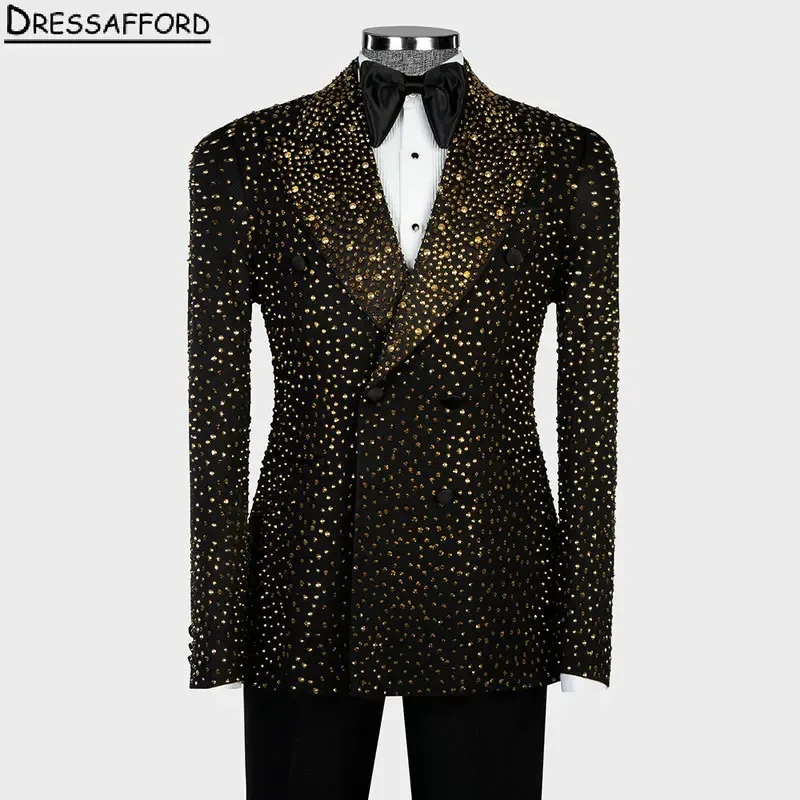 Black Full Crystals Wedding Suits For Men Slim Fit 2 Piece Sets(Jacket+Pant) Groom Tuxedos Party Blazers