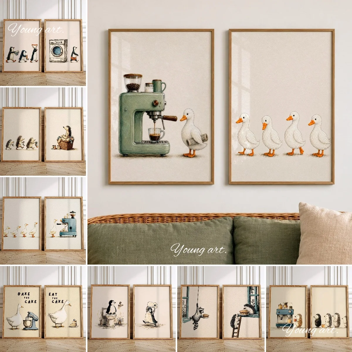 2pcs/set Whimsical Ducks in A Row Canvas Print Poster Espresso Coffee Goose Funny Farmhouse Prints Nursery Wall Art Home Decor