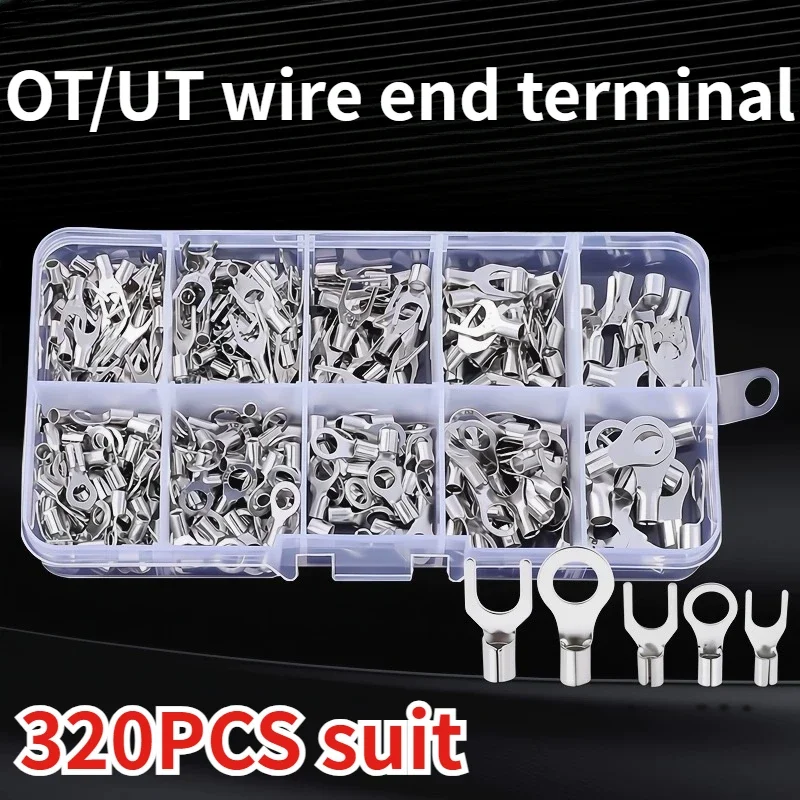 320PCS/Box 10 In 1 Terminals Non-Insulated Ring Fork U-type Brass Terminals Assortment Kit Cable Wire Connector Crimp Spade