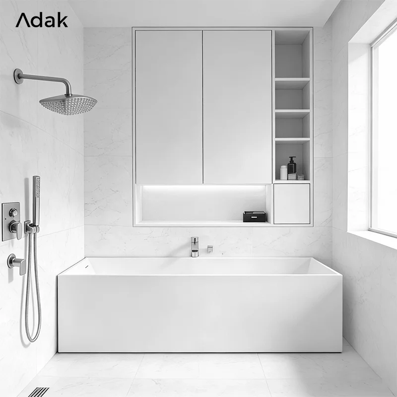 Adak Ak-9003 Rectangular Acrylic Solid Surface Bathtub Freestanding Modern Portable Soaking 5 Year Warranty Overflow 60gal+