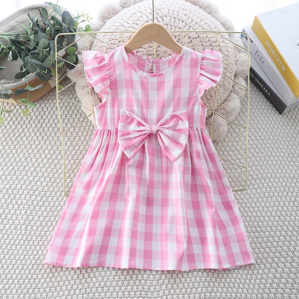 Summer Girl Clothes  Pink Check Girls Dress Flying Sleeve Bowknot Casual Wear Children's Costume for 2-6Y 8 sold