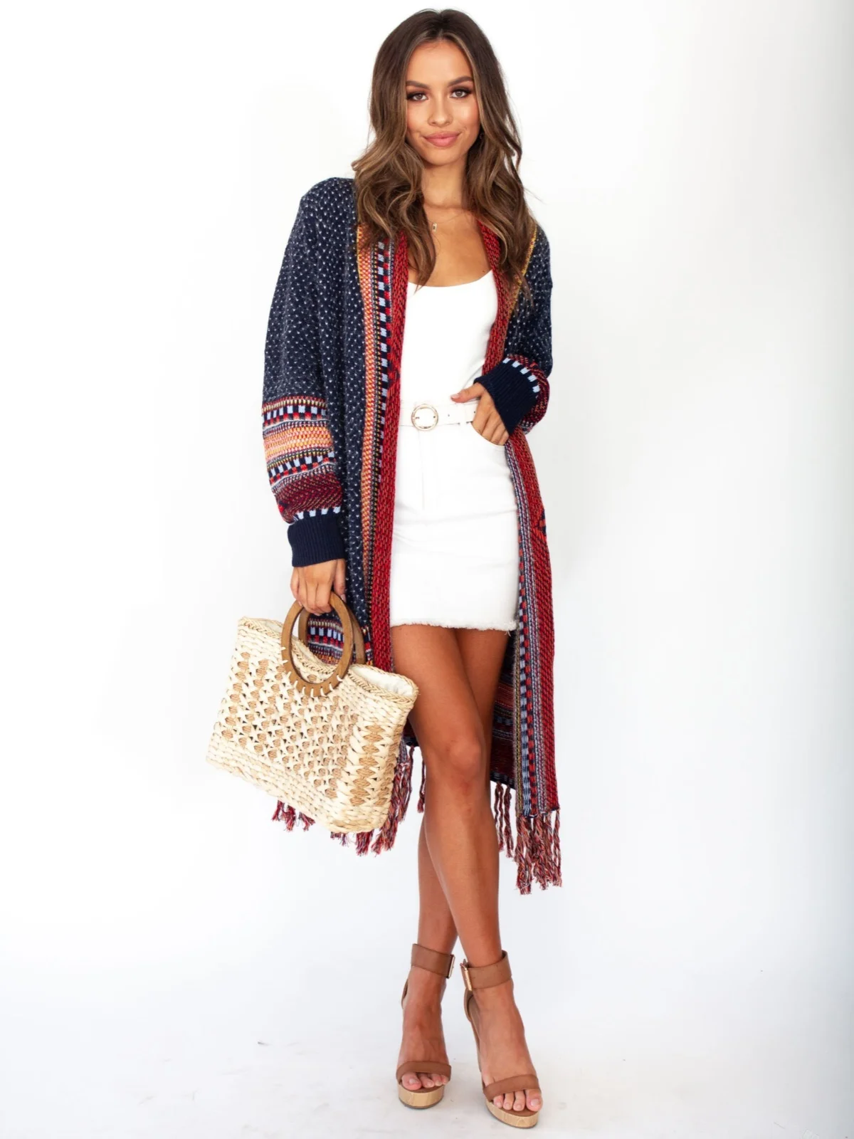 Boho Long Cardigan Women Open Front Maxi Knitted Sweaters Long Sleeve Hem Tassel Fringe Outerwears Folk Style Thin Coat Tops