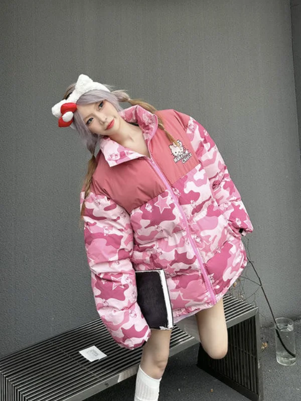 Hello Kitty Winter Cotton Padded Jacket Y2K Sanrio Woman Clothes Loose Cotton Padded Jackets Camouflage Trendy Coat Couple Gifts