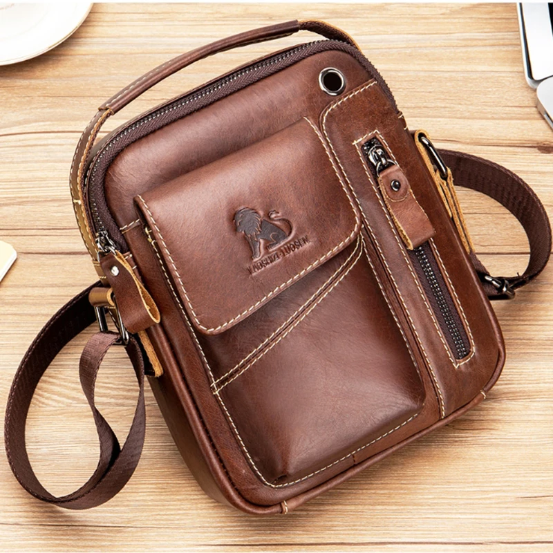 Double Single Shoulder Bag Leather Men\'s Small Top Layer Cowhide Diagonal Cross Bags Fashionable Sporty Mini Durable Handbag Top