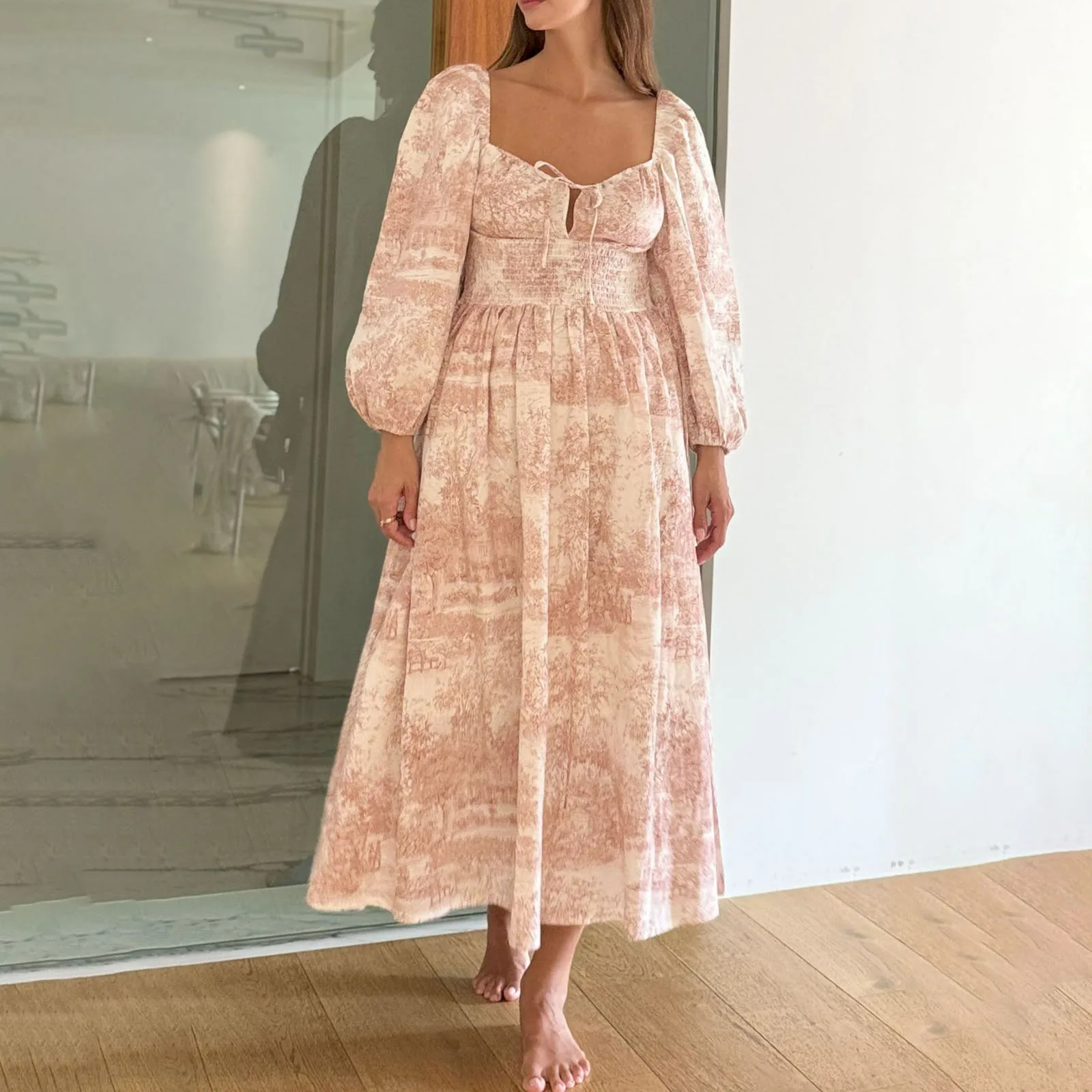 Wysokiej jakości damska długa sukienka na jesień, stylowa, z wiązaniem na kokardę, we wzór kwiatowy, marszczona, z długimi rękawami typu latarnia, codzienna sukienka w kształcie litery A.