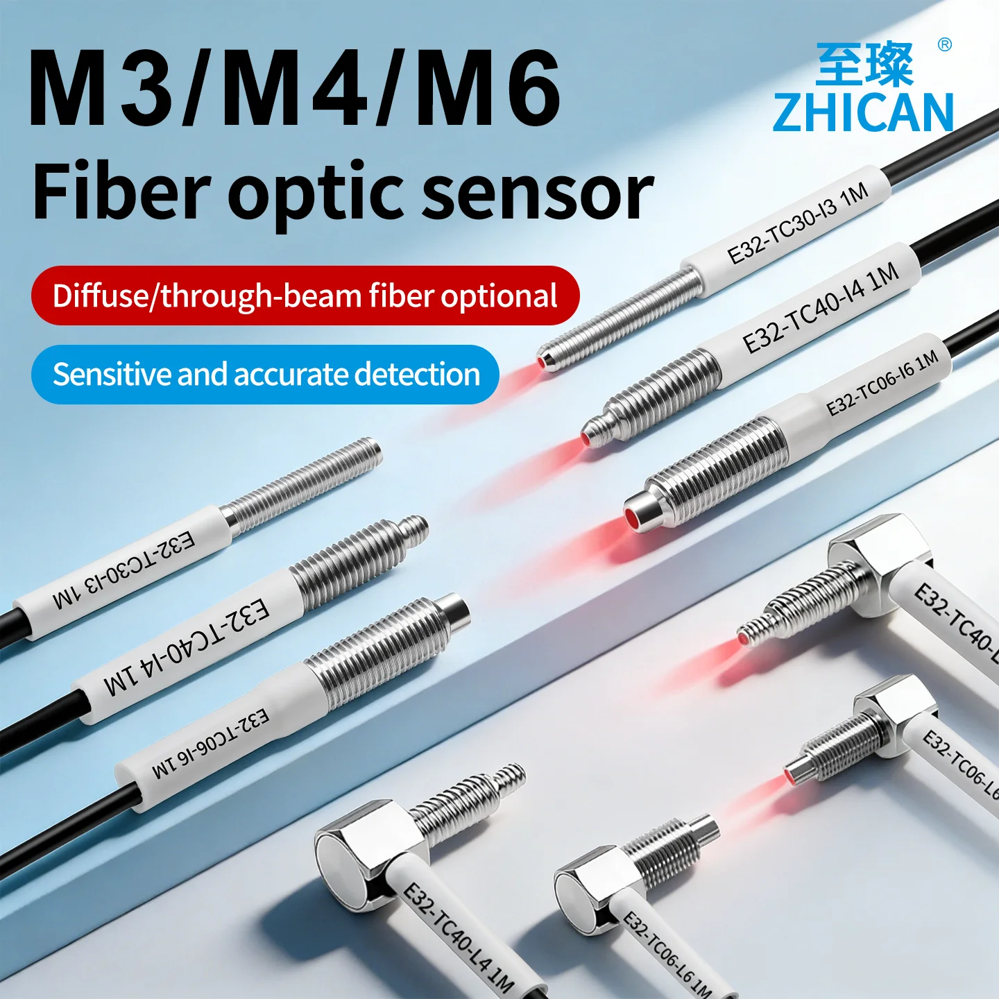 

ZHICAN E32 Fiber Optic Sensor Head M3 M4 M6 Through Beam Diffuse Reflective Right Angle Fiber Unit