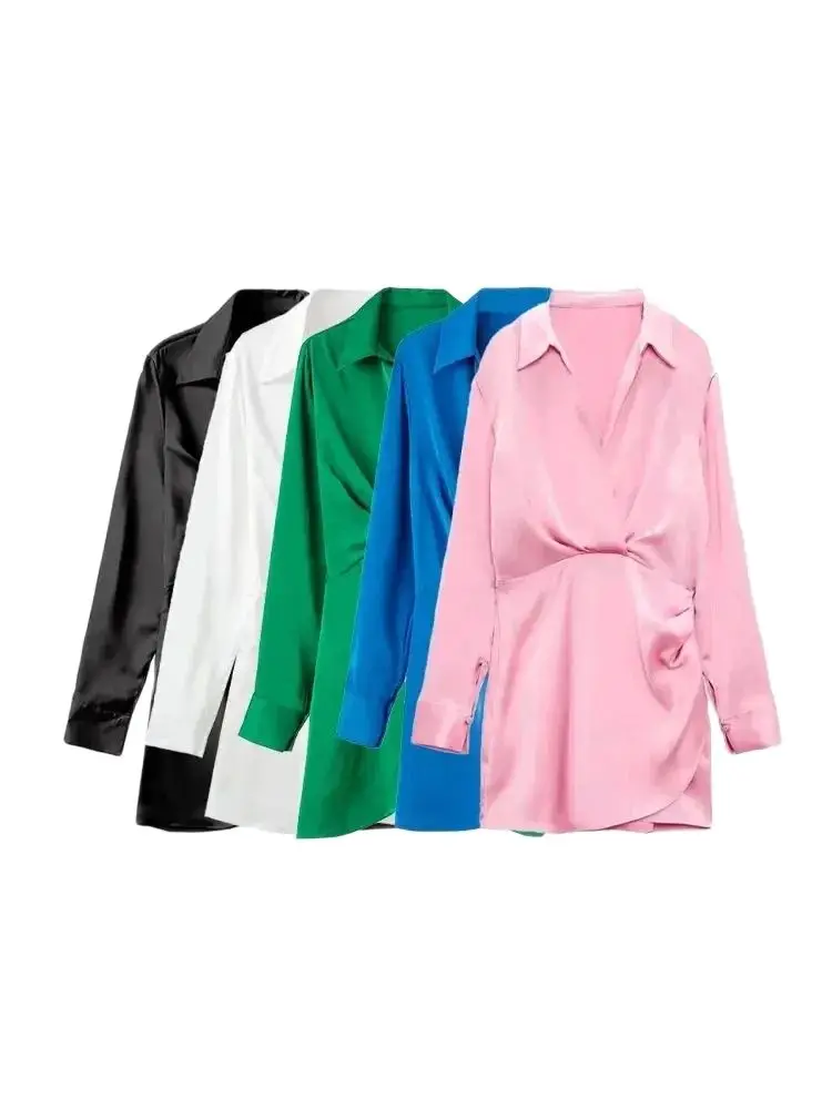 GELITAYIN Damesmode met verzamelde satijnen mini-jurk Vintage V-hals met lange mouwen Vrouwelijke jurken vestidos mujer