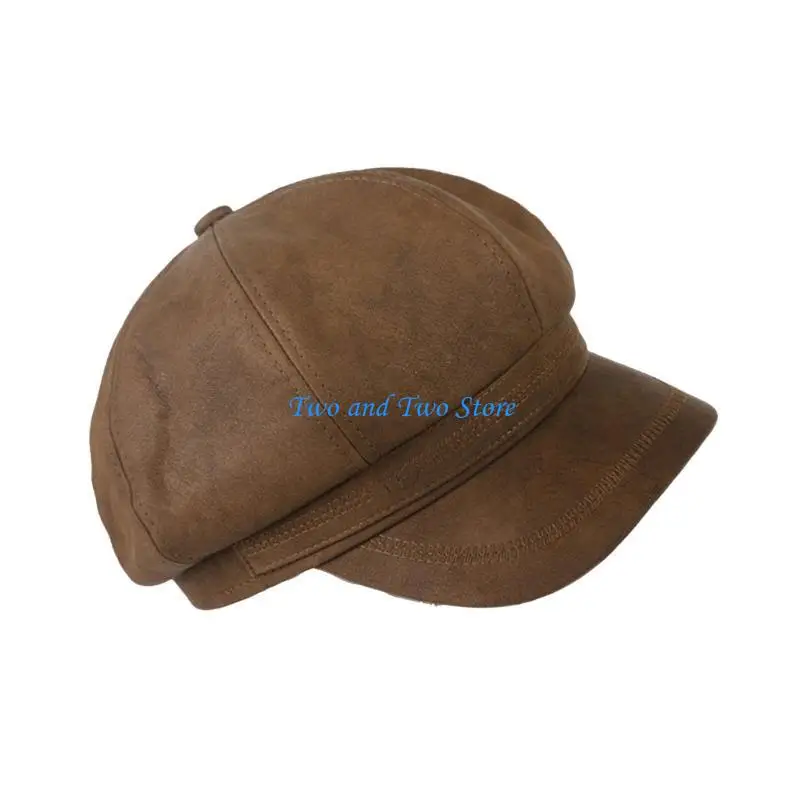 

HX6F Vintage PU Leather Hat for Girls Fashion Distressed Octagonal Hat Teens Girl Newsboys Caps Winter Autumn Head Accessories