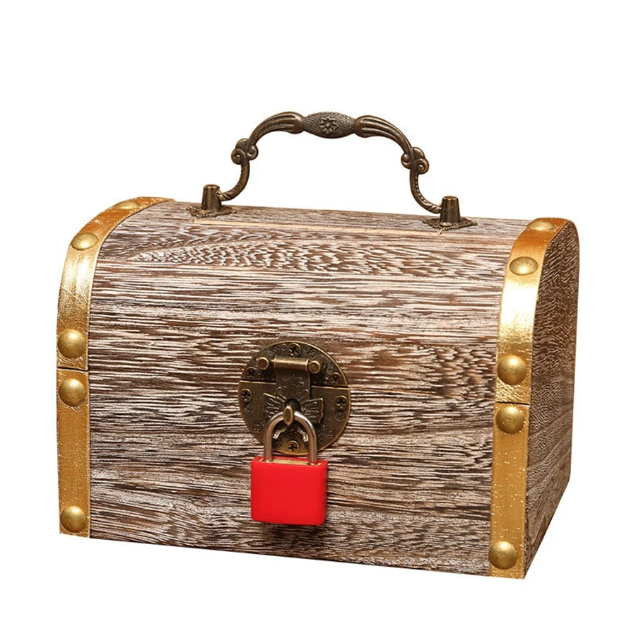 Retro Piggy Bank Wooden Manual Password Copper Lock Children Coin Box Large Capacity Banknotes and Coins Safe Money Box Money M