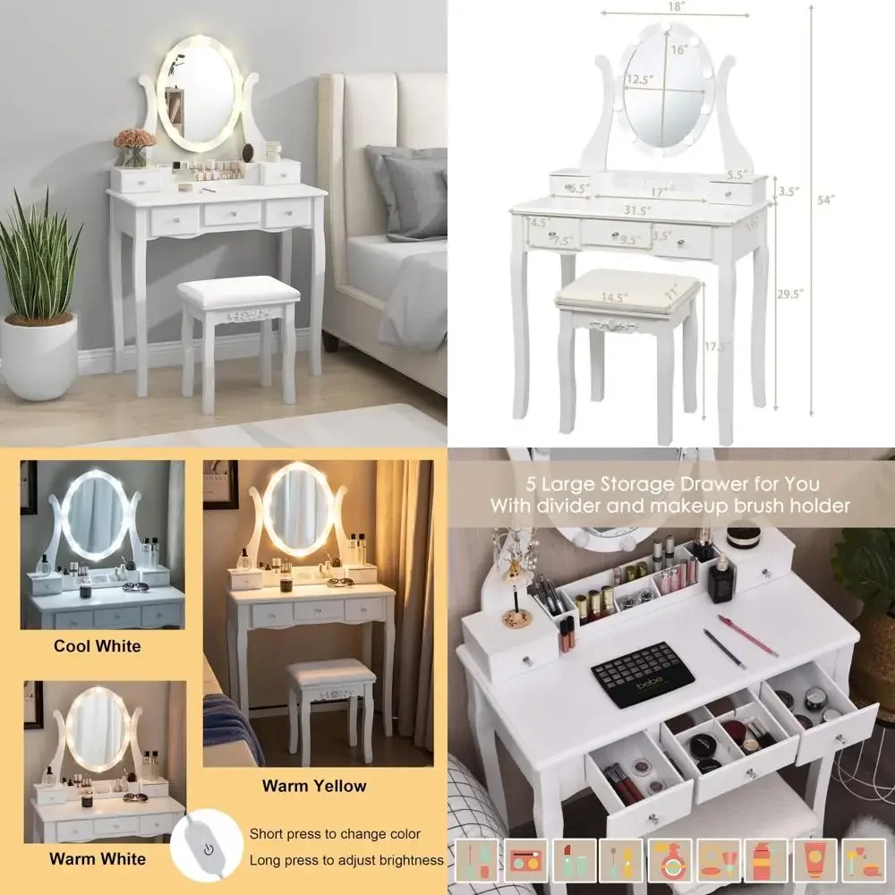 

Туалетный столик для макияжа с подсветкой, регулируемой яркостью, 10 светодиодных фонарей, хранилище с 5 ящиками и съемный органайзер