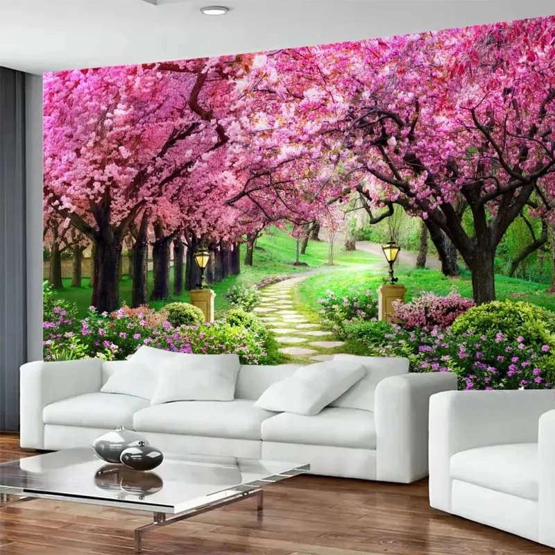 Cherry Tree Garden Wall Tapestry Blooming Sakura Green Lawn Romantic Floral Print Living Room Background Cloth