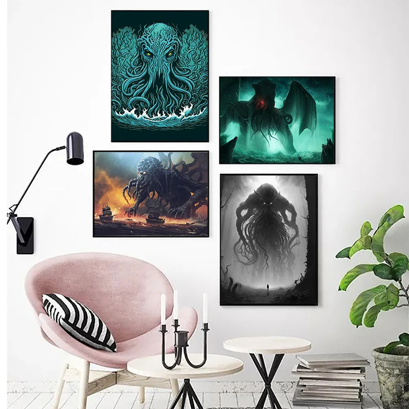 Classical Horror Elements Cthulhu Canvas Poster Giant Fear Sea Monster Poster Boy Room Decor Game Room Grotesque  Aesthetics Art