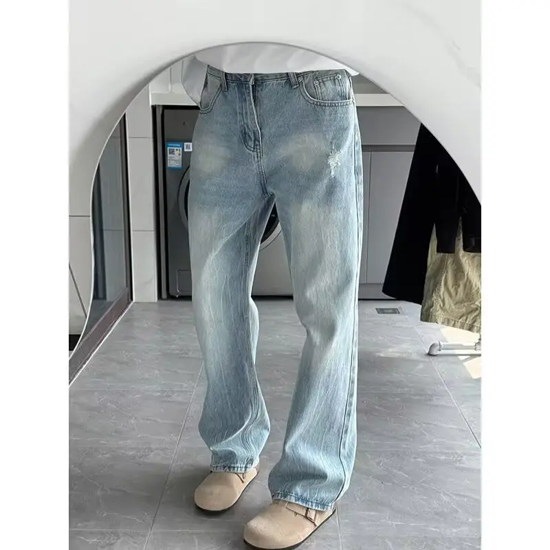 Luxury Man Clothing Ice Blue Lightning Pattern Matte White Jeans Unisex Summer Thin Flared Pants Ripped Washed Curved Pants