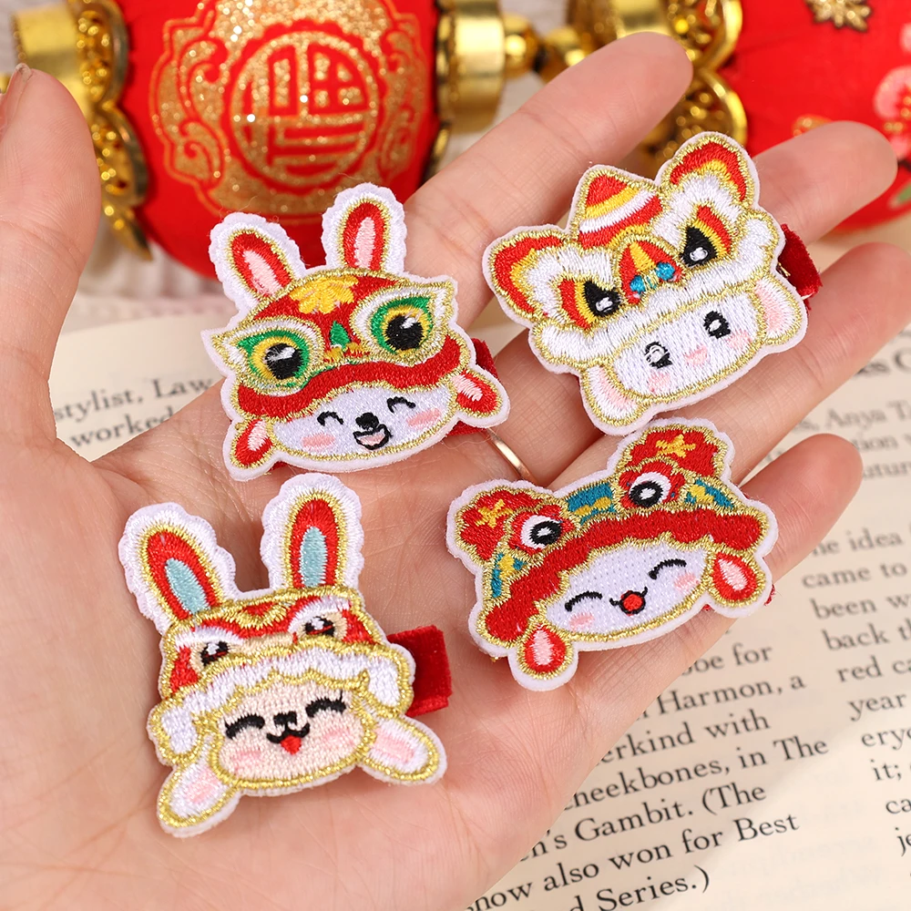 Kids New Year Hair Accessories Plush Embroidered Lion Dance Clips Girl Chinese Red Cartoon Lion Head Hairpin Holiday Headwear