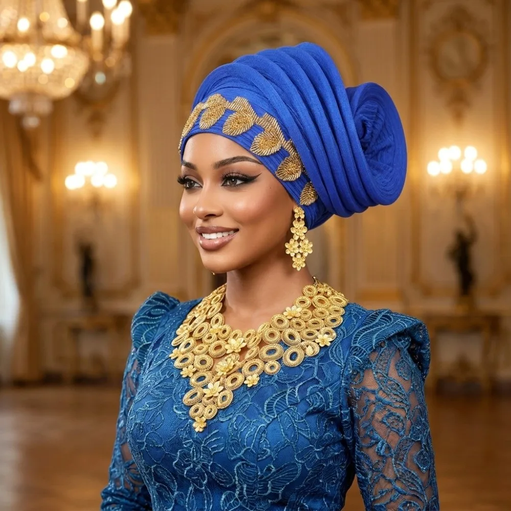 Shiny African Gele Headwrap Leaf Gold Embellished Yoruba Turban Hat Polyester Multiple Color Options Traditional Headpiece Women