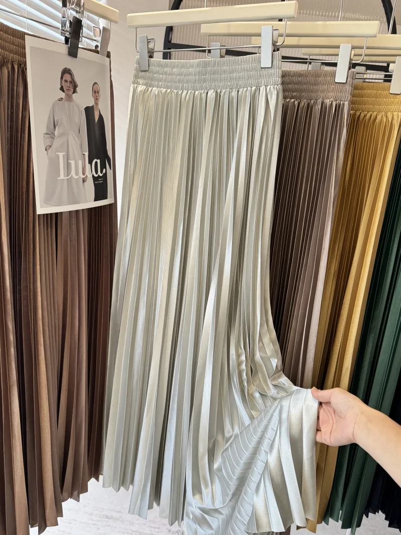 iny Satin-Plissee-A-Linien-Rock für Damen, Frühling und Herbst, schlankmachendes langes F-Länge-Kleid, Dra Ele Pendeln, Freizeitkleidung