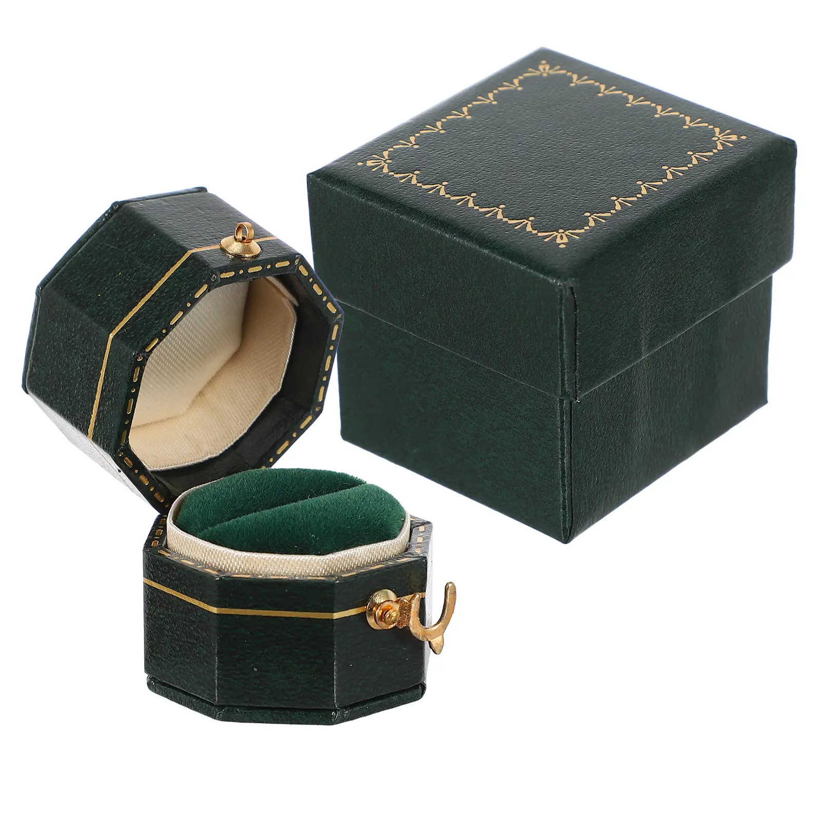 Vintage Retro Style Octagonal Ring Box Solid Leatherette Jewelry Gift Container for Wedding Engagement Anniversary Valentine's