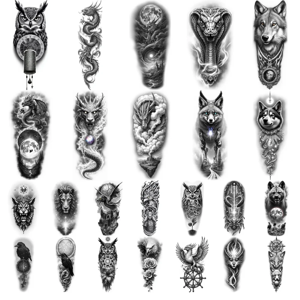

12pcs Temporary Tattoo Waterproof Long-lasting Body Stickers Lion Compass Wolf For Arm Male Adult