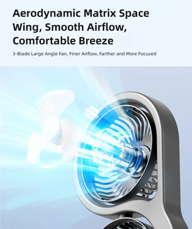 TINSOL 2026 New Portable USB Rechargeable Three-Head Fan – 360° Circulation, 5-Speed Wind, Dormitory and Outdoor Desktop Fan