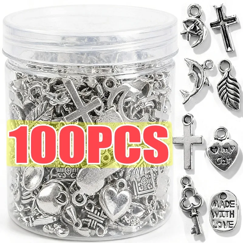 

100pcs Random Tibetan Silver Mixed Pendant Charms Beads for Jewelry Making Bracelet Earrings Necklace DIY Craft Art Charms Decor