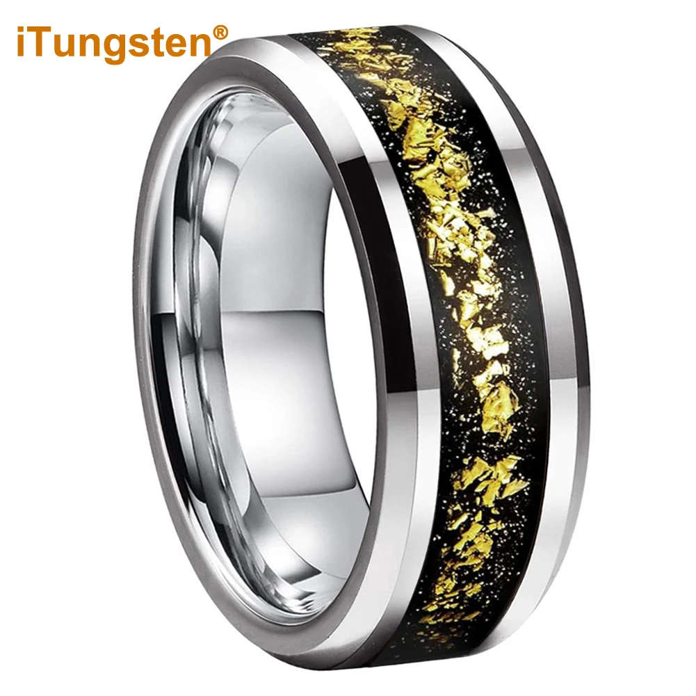 

iTungsten 8mm Men Women Tungsten Carbide Ring New Nice Engagement Wedding Band Gold Foil Fragment Inlay Bevel Edges Comfort Fit